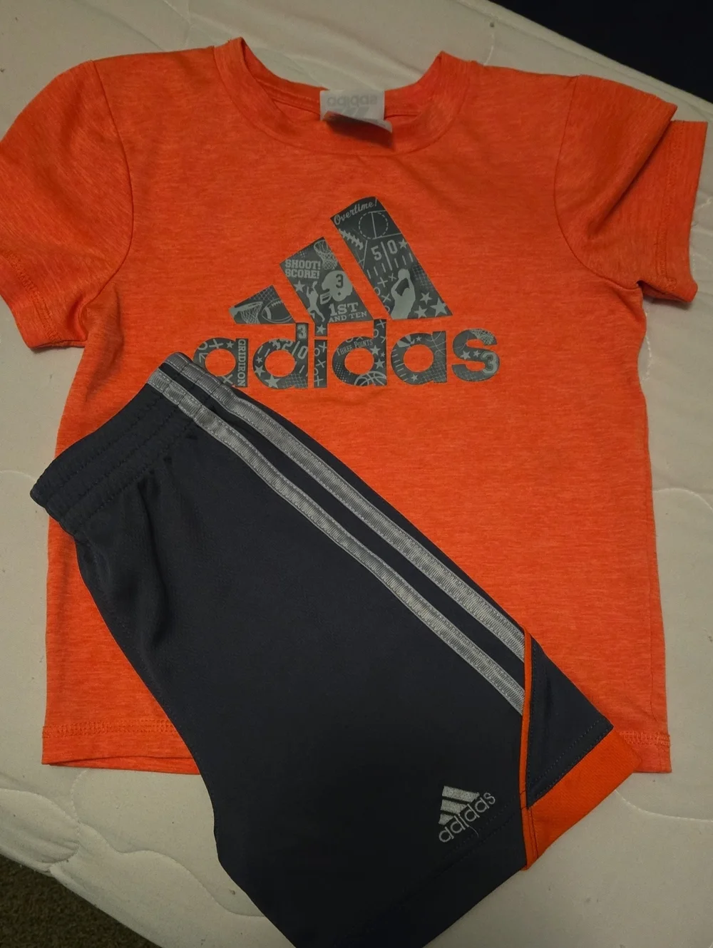 Adidas Orange Tee with Navy Athletic Shorts